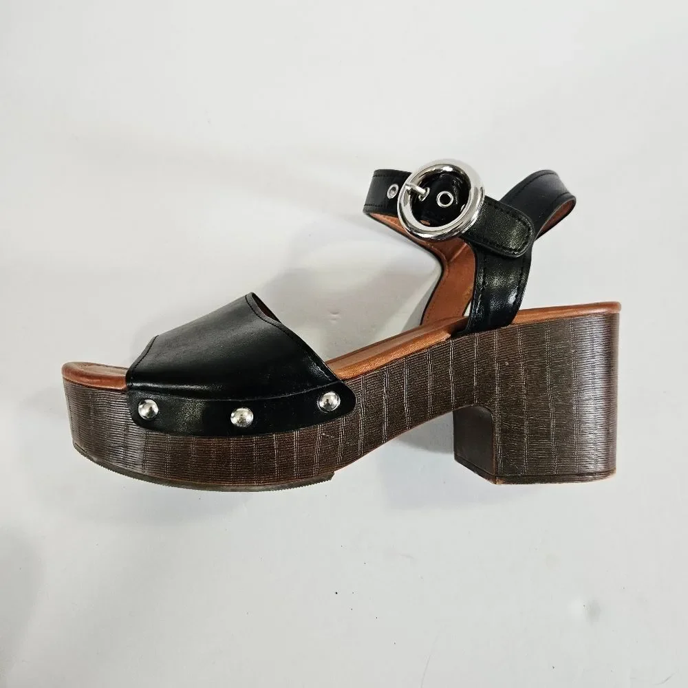Nine West Jayce Black Stud Buckle Detail Chunky Wood-Look Platform Sandal 10
